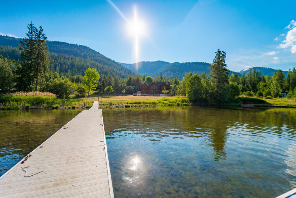 Montana cabins with private dock — end of dock view at Shangrilog on Bull Lake Northwest Montana